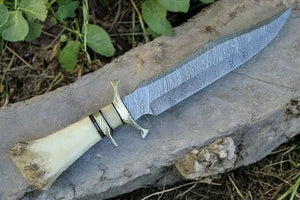 Handmade Damascus Bowie Knife with Bone Handle – 15” Damascus Knife Store