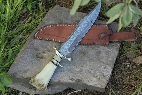 Handmade Damascus Bowie Knife with Bone Handle – 15” Damascus Knife Store