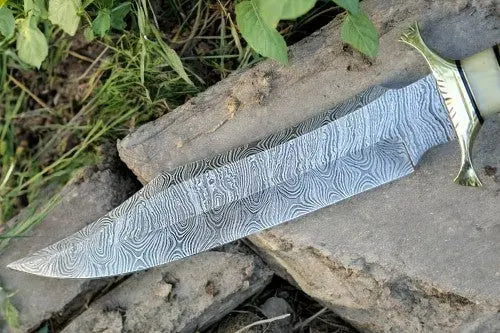 Handmade Damascus Bowie Knife with Bone Handle – 15” Damascus Knife Store