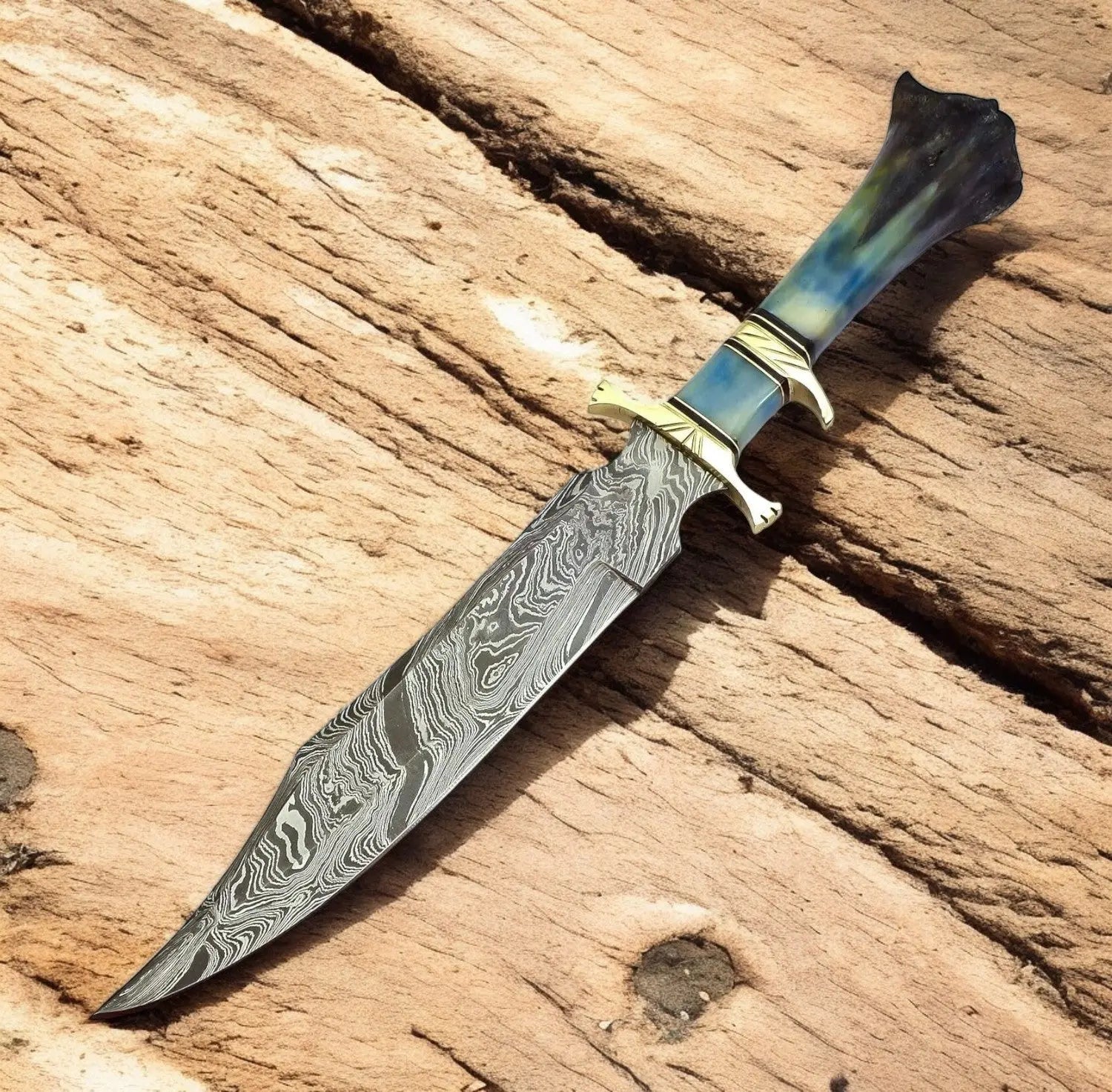 Handmade Damascus Bowie Knife with Colored Bone Handle by Damascus Knife Store, Damascus knife main product photo