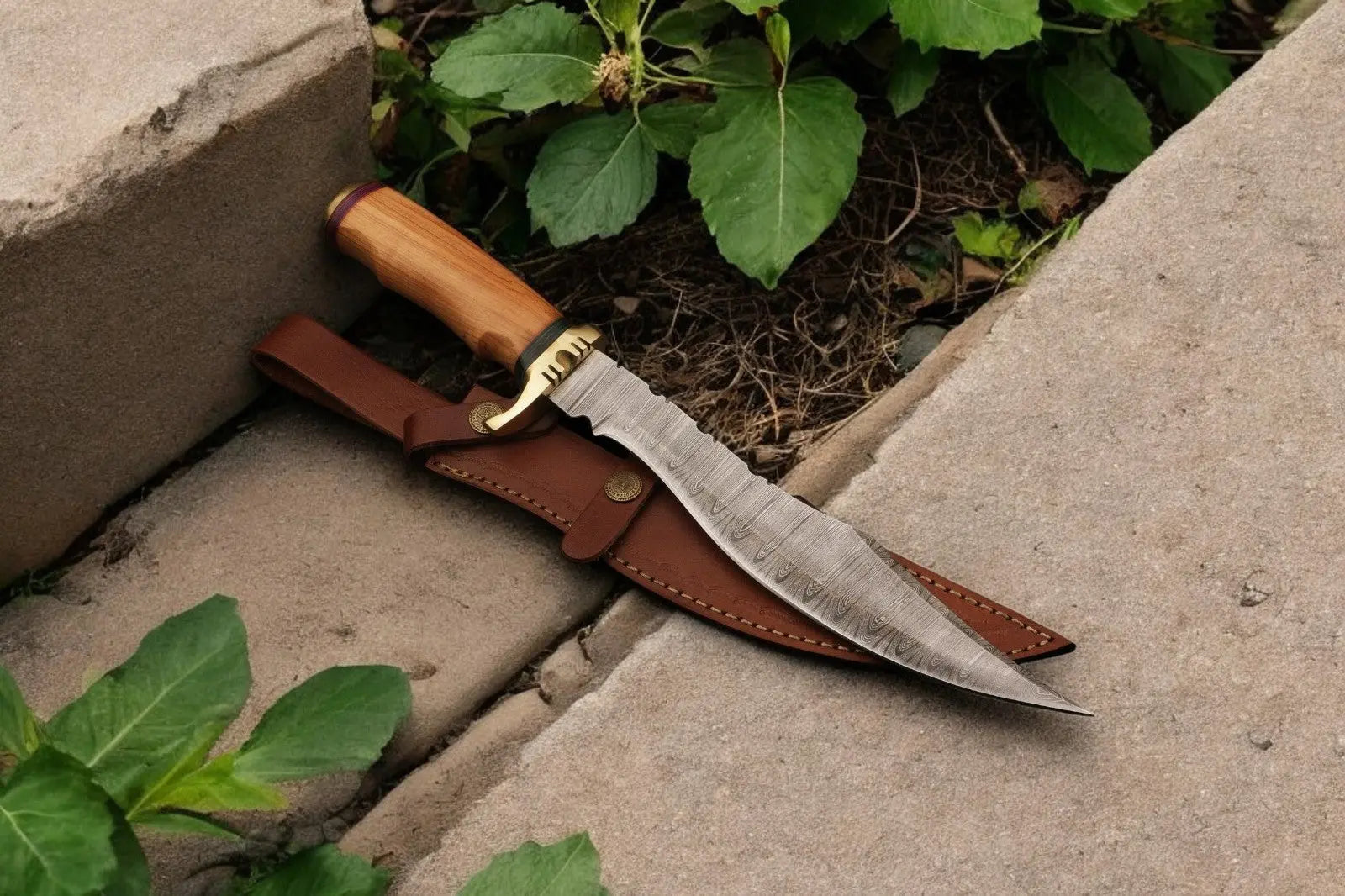 Handmade Damascus Bowie Knife with Olive Wood Handle by Damascus Knife Store, Damascus knife detail photo 2
