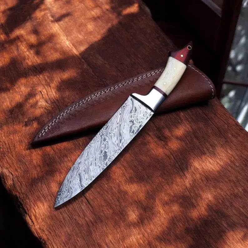 Handmade Damascus Chef Knife – 10" with Bone & Wood Handle Damascus Knife Store