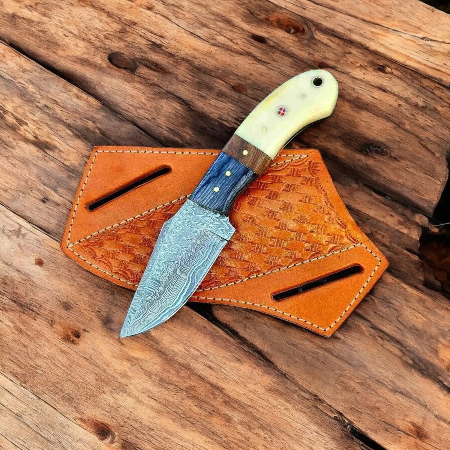 Handmade Damascus Cowboy Knife – 8" Bone & Wood Handle Damascus Knife Store