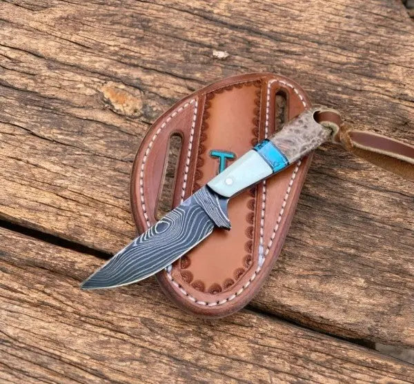 Handmade Damascus Cowboy Knife – Walnut & Turquoise by Damascus Knife Store, Damascus knife main product photo