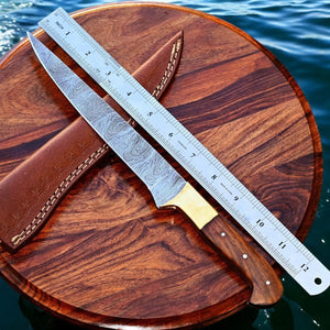 Handmade Damascus Fillet Knife – 12.5" Rosewood Handle Damascus Knife Store
