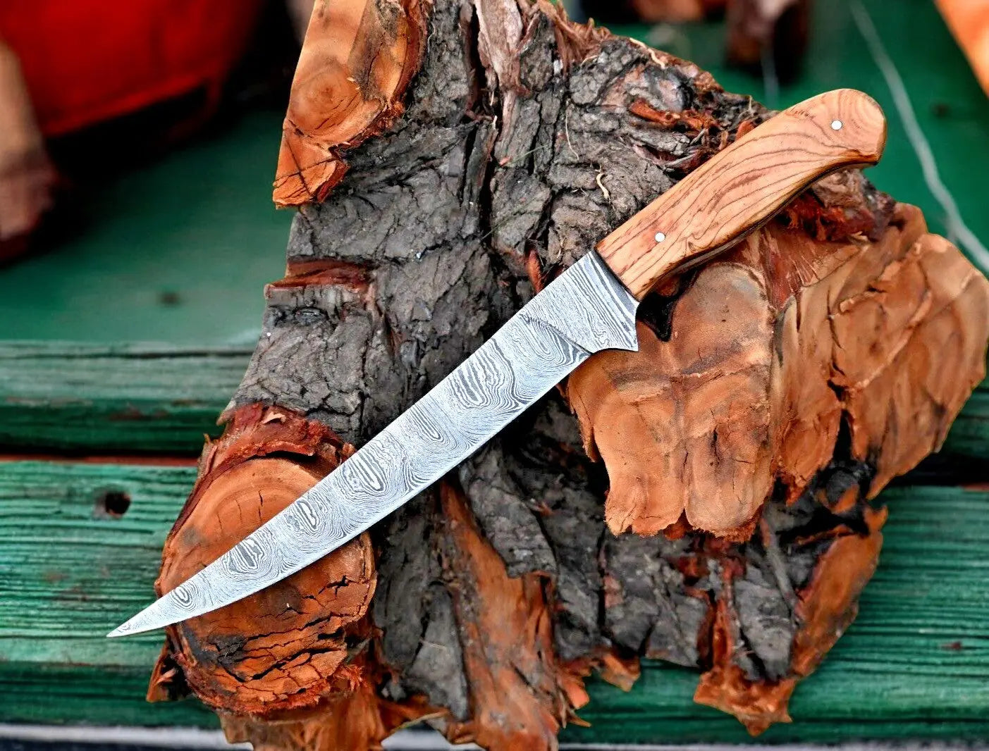 Handmade Damascus Fillet Knife – 12.6" Olivewood Handle Damascus Knife Store