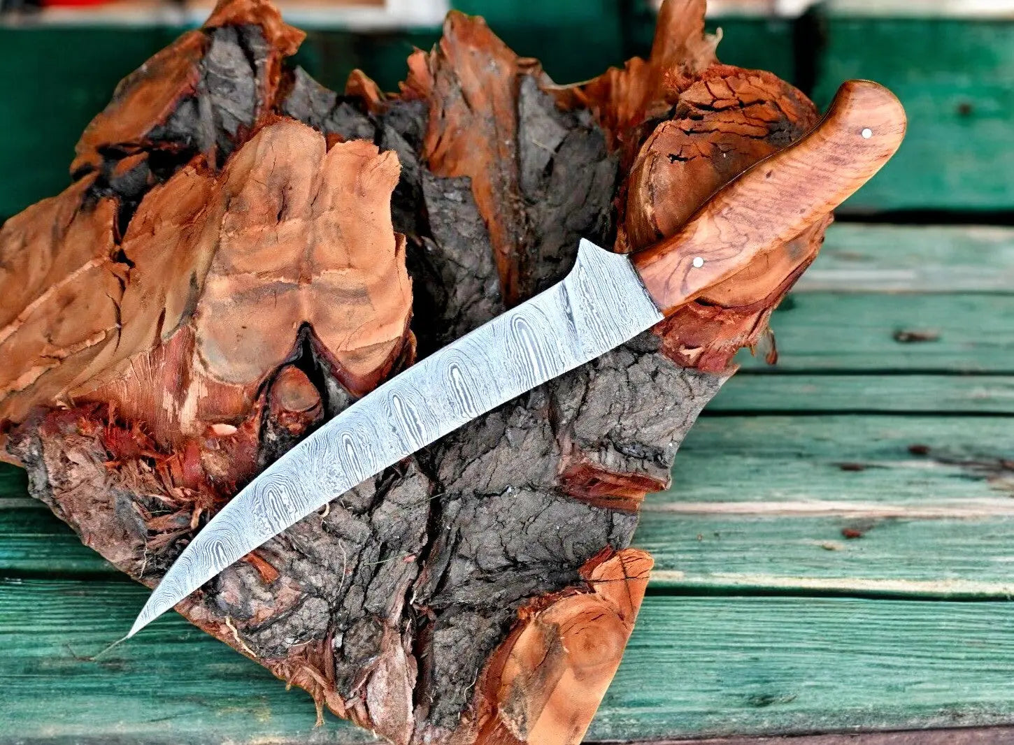 Handmade Damascus Fillet Knife – 12.6" Olivewood Handle Damascus Knife Store