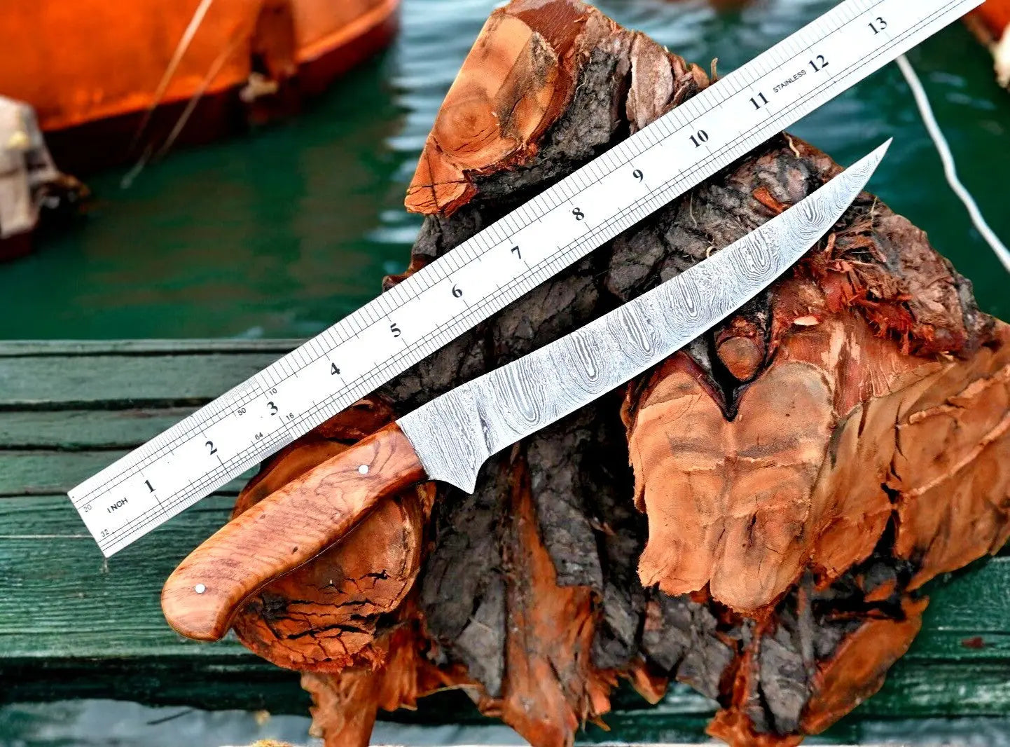 Handmade Damascus Fillet Knife – 12.6" Olivewood Handle Damascus Knife Store