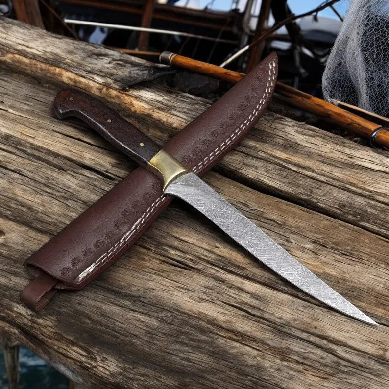 Handmade Damascus Fillet Knife – 8" Blade, Rosewood Handle Damascus Knife Store