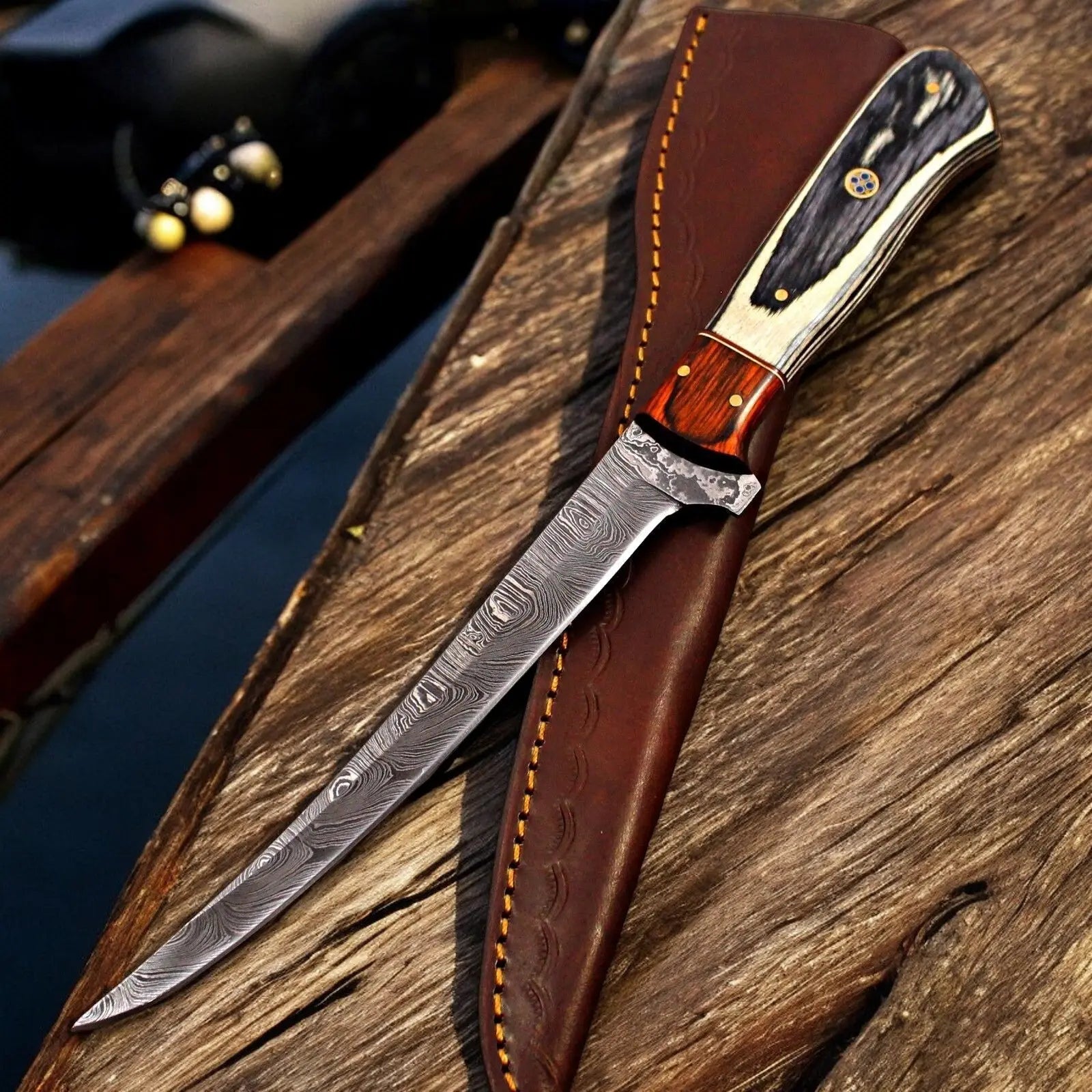 Handmade Damascus Fillet Knife with Antler Horn Handle by Damascus Knife Store, Damascus knife main product photo
