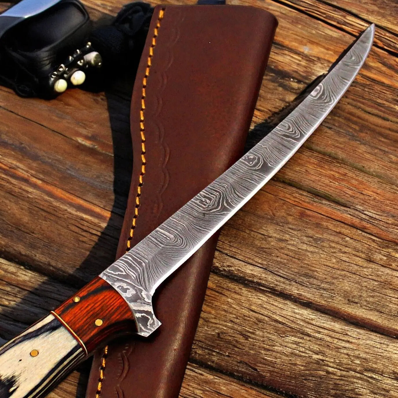 Handmade Damascus Fillet Knife with Antler Horn Handle by Damascus Knife Store, Damascus knife detail photo 2