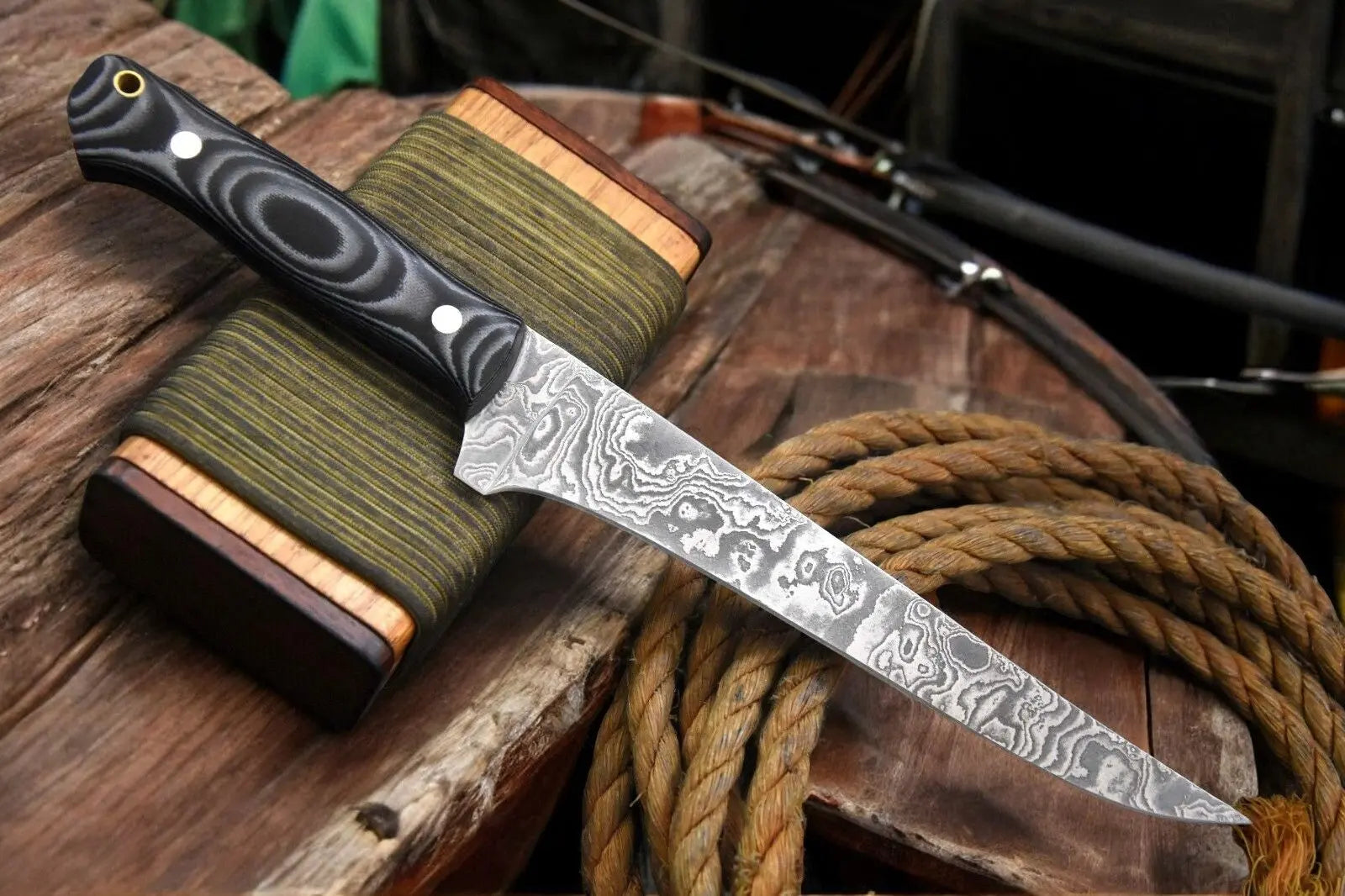 Handmade Damascus Fillet Knife with G-10 Micarta Handle by Damascus Knife Store, Damascus knife main product photo