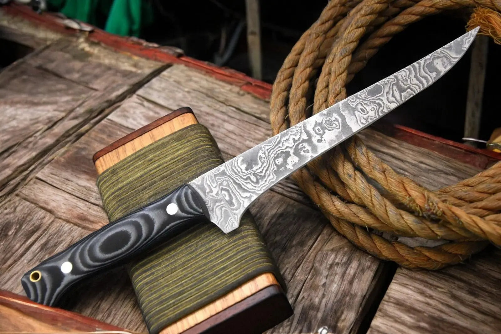Handmade Damascus Fillet Knife with G-10 Micarta Handle by Damascus Knife Store, Damascus knife detail photo 2