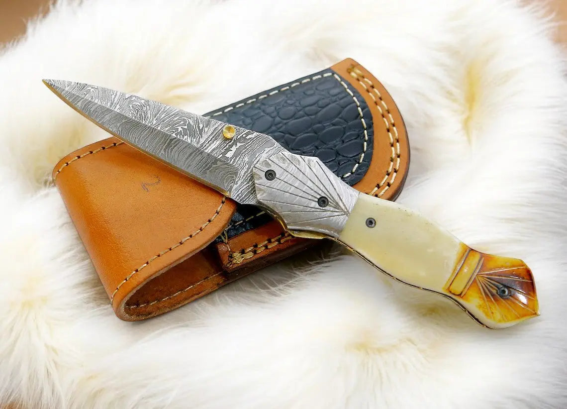 Handmade Damascus Folding Knife – Bone Handle, 3" Blade by Damascus Knife Store, Damascus knife main product photo