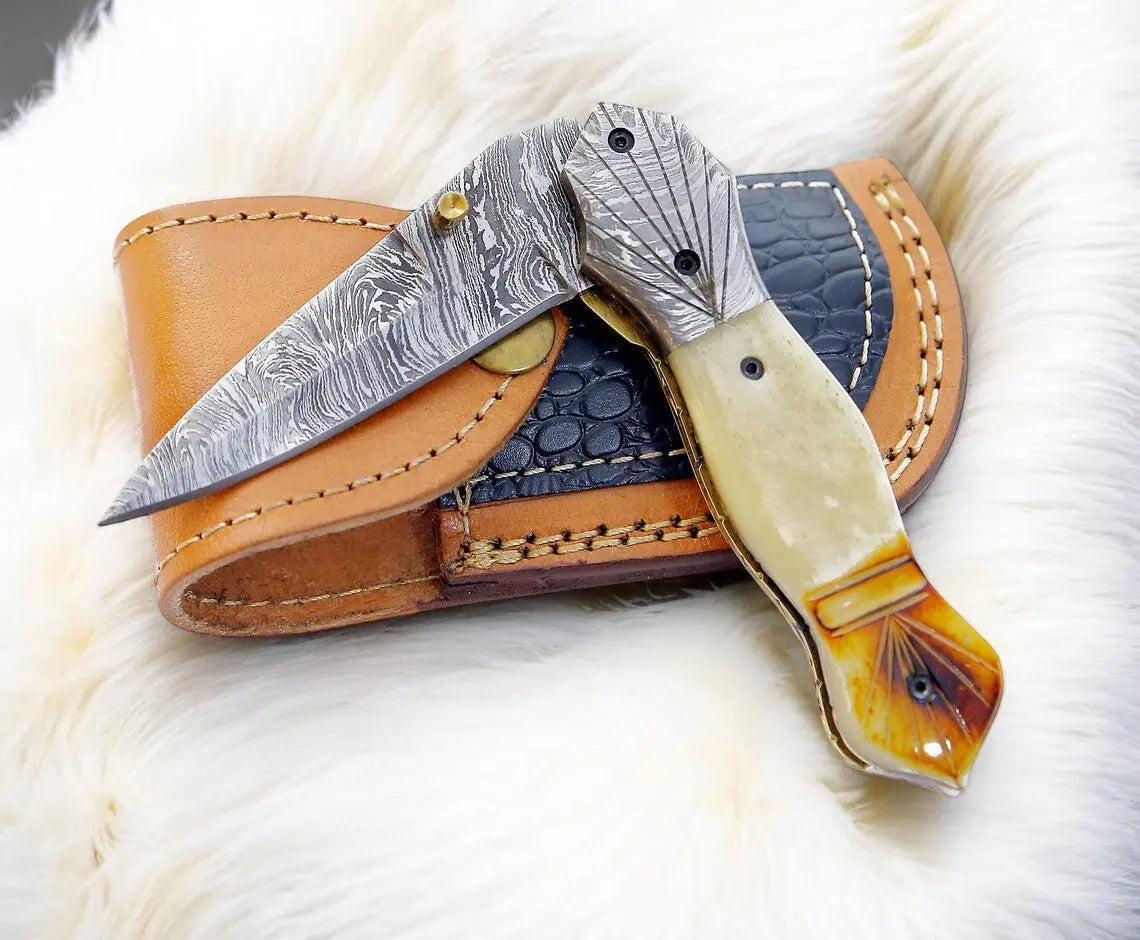 Handmade Damascus Folding Knife – Bone Handle, 3" Blade by Damascus Knife Store, Damascus knife detail photo 2