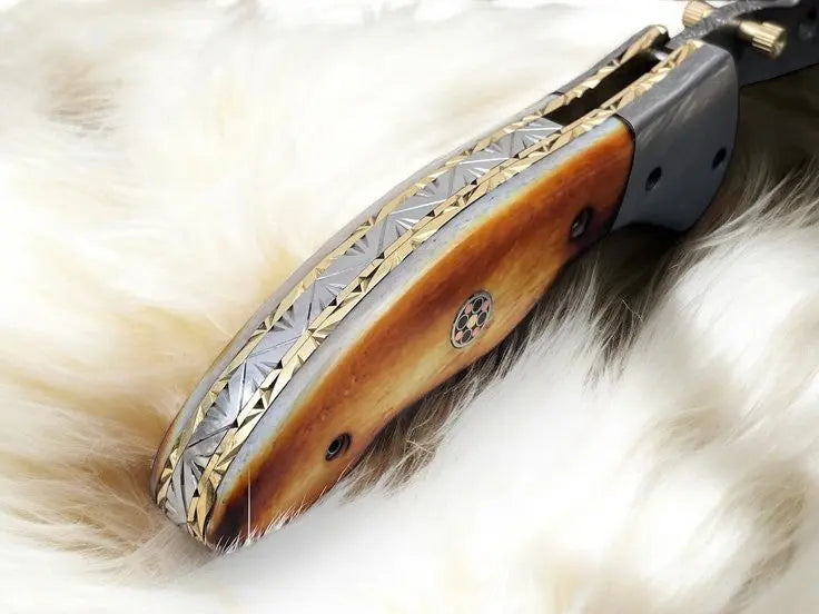 Handmade Damascus Folding Knife – Bone Handle, 3" Blade Damascus Knife Store