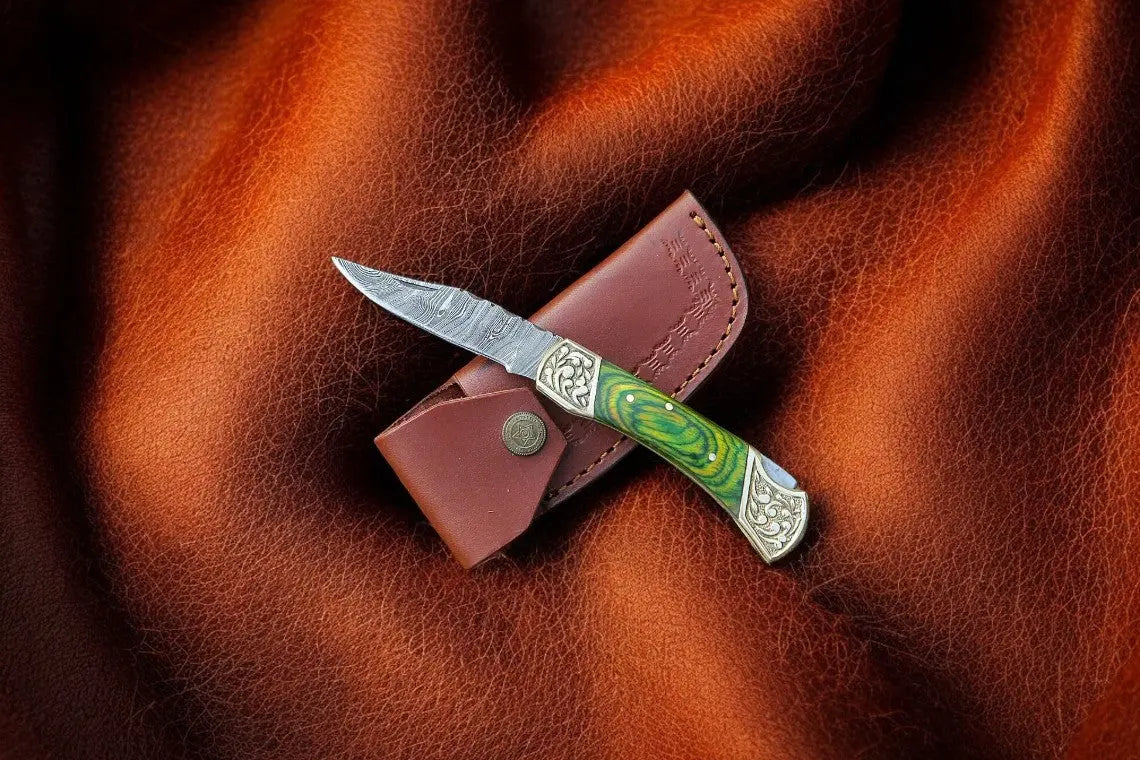 Handmade Damascus Folding Knife – Exotic Wood Handle by Damascus Knife Store, Damascus knife main product photo