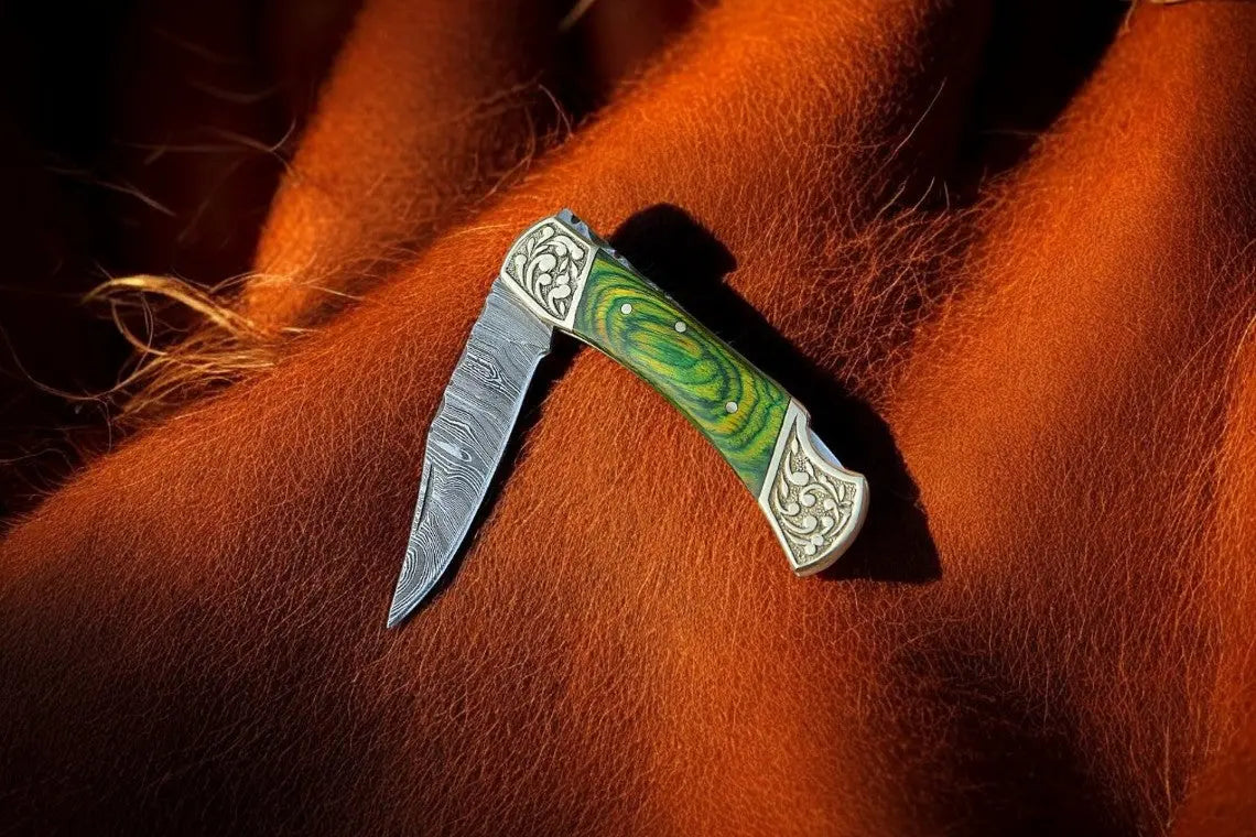 Handmade Damascus Folding Knife – Exotic Wood Handle by Damascus Knife Store, Damascus knife detail photo 2