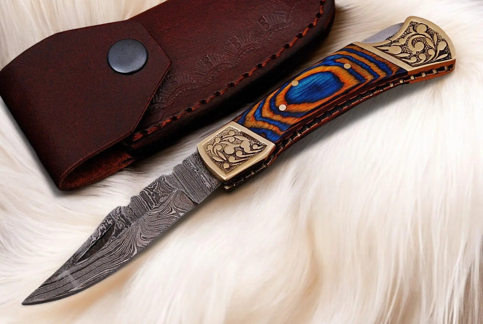 Handmade Damascus Folding Knife – Exotic Wood Handle by Damascus Knife Store, Damascus knife main product photo