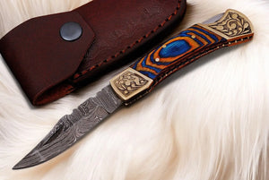 Handmade Damascus Folding Knife – Exotic Wood Handle by Damascus Knife Store, Damascus knife main product photo