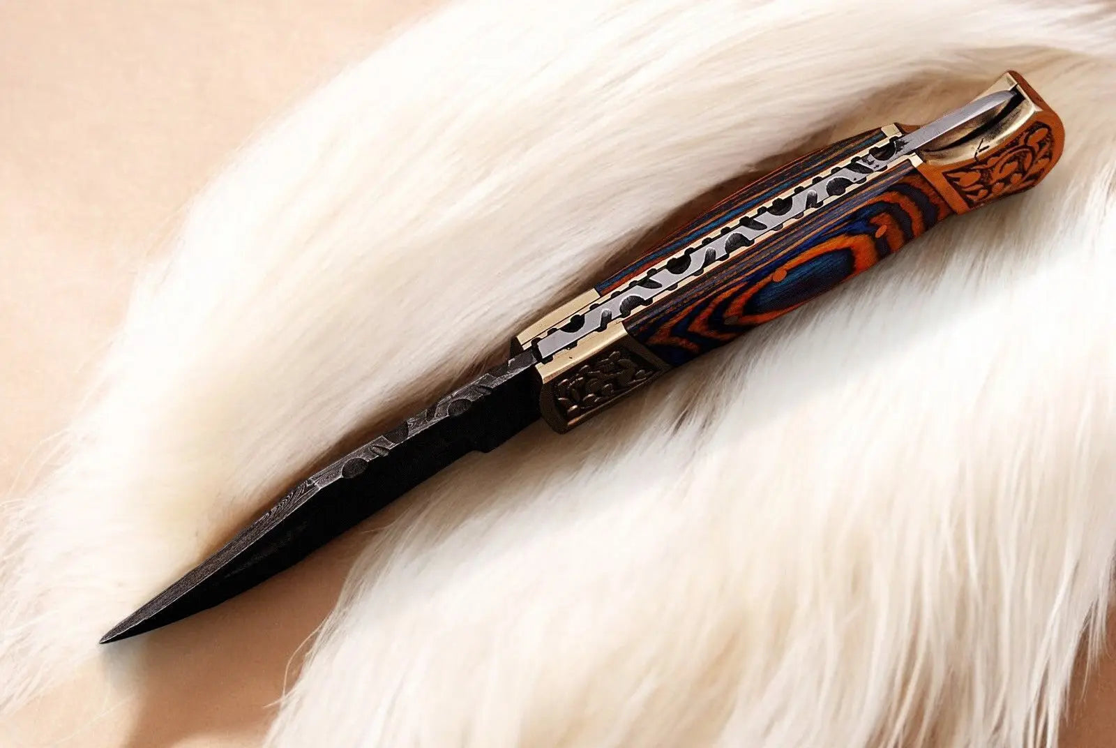 Handmade Damascus Folding Knife – Exotic Wood Handle by Damascus Knife Store, Damascus knife detail photo 2