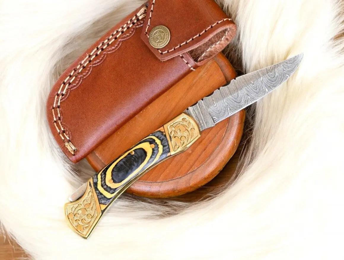 Handmade Damascus Folding Knife – Exotic Wood Handle by Damascus Knife Store, Damascus knife main product photo