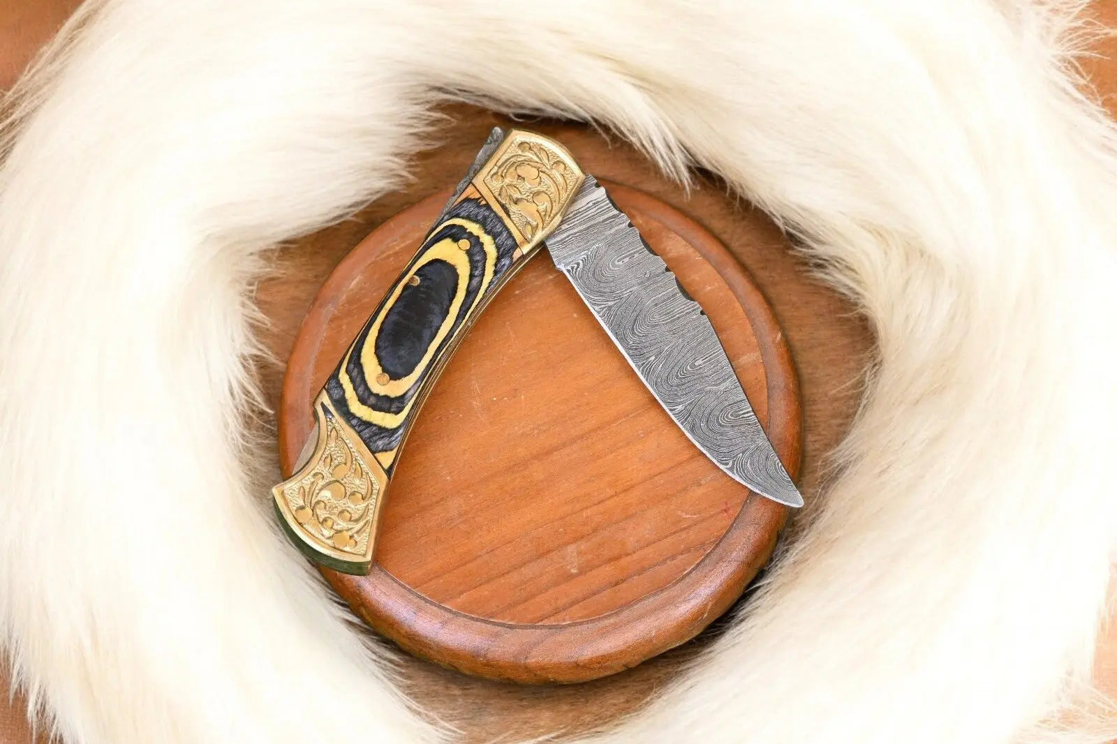 Handmade Damascus Folding Knife – Exotic Wood Handle by Damascus Knife Store, Damascus knife detail photo 2