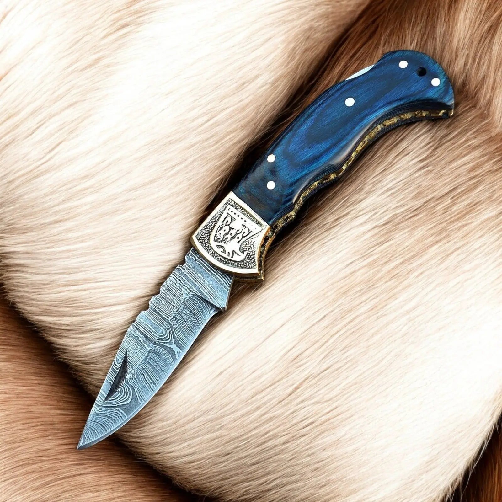 Handmade Damascus Folding Knife – Exotic Wood & Brass Damascus Knife Store