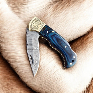 Handmade Damascus Folding Knife – Exotic Wood & Brass Damascus Knife Store