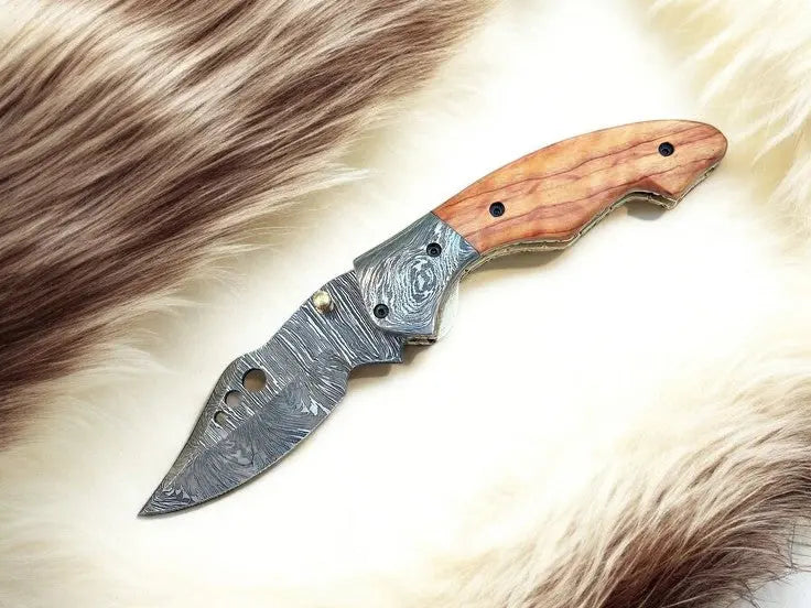 Handmade Damascus Folding Knife | Olivewood Handle by Damascus Knife Store, Damascus knife main product photo