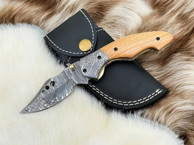 Handmade Damascus Folding Knife | Olivewood Handle by Damascus Knife Store, Damascus knife detail photo 2