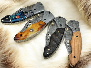 Handmade Damascus Folding Knife | Olivewood Handle by Damascus Knife Store, Damascus knife detail photo 3