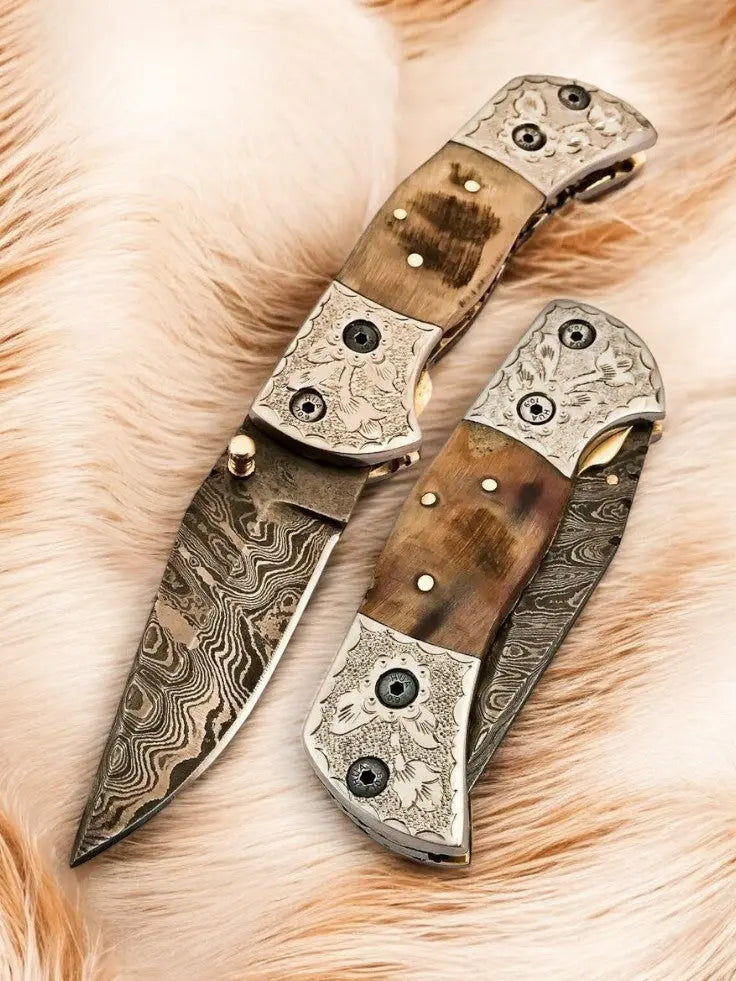 Handmade Damascus Folding Knife – Sheep Horn Handle by Damascus Knife Store, Damascus knife main product photo