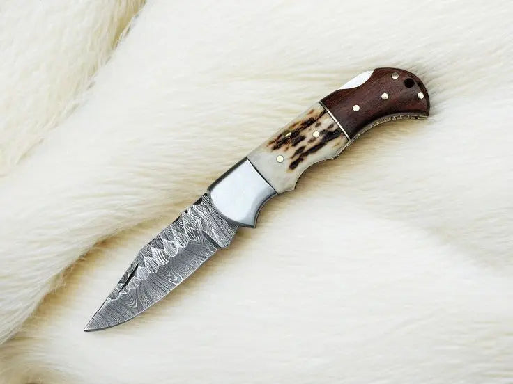 Handmade Damascus Folding Knife | Stag Horn & Rosewood Damascus Knife Store