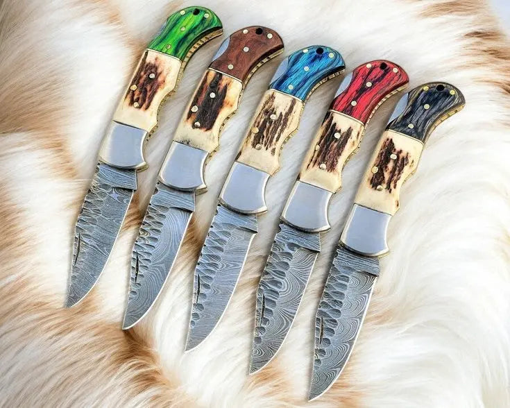 Handmade Damascus Folding Knife | Stag & Exotic Wood Damascus Knife Store