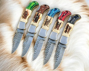 Handmade Damascus Folding Knife | Stag & Exotic Wood Damascus Knife Store