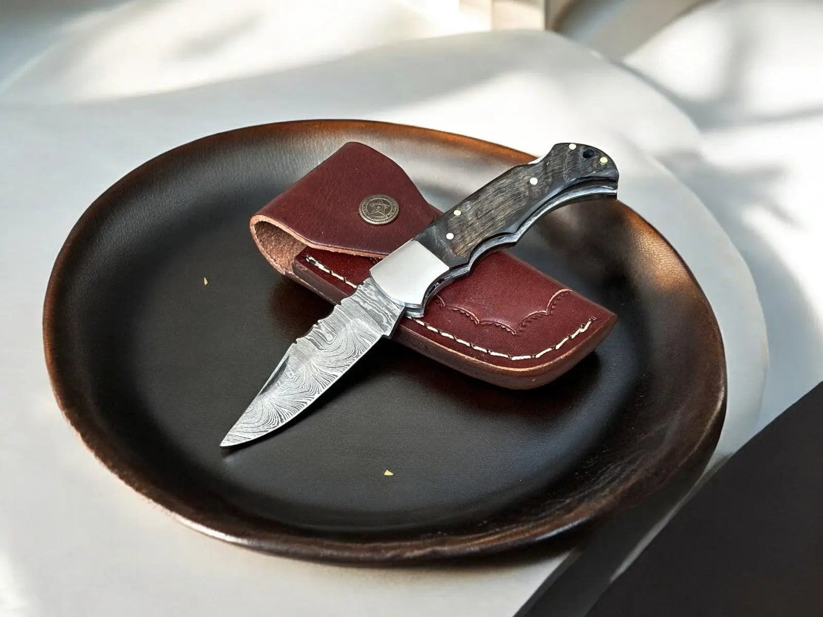 Handmade Damascus Folding Knife – Wood Handle, 3" Blade by Damascus Knife Store, Damascus knife main product photo