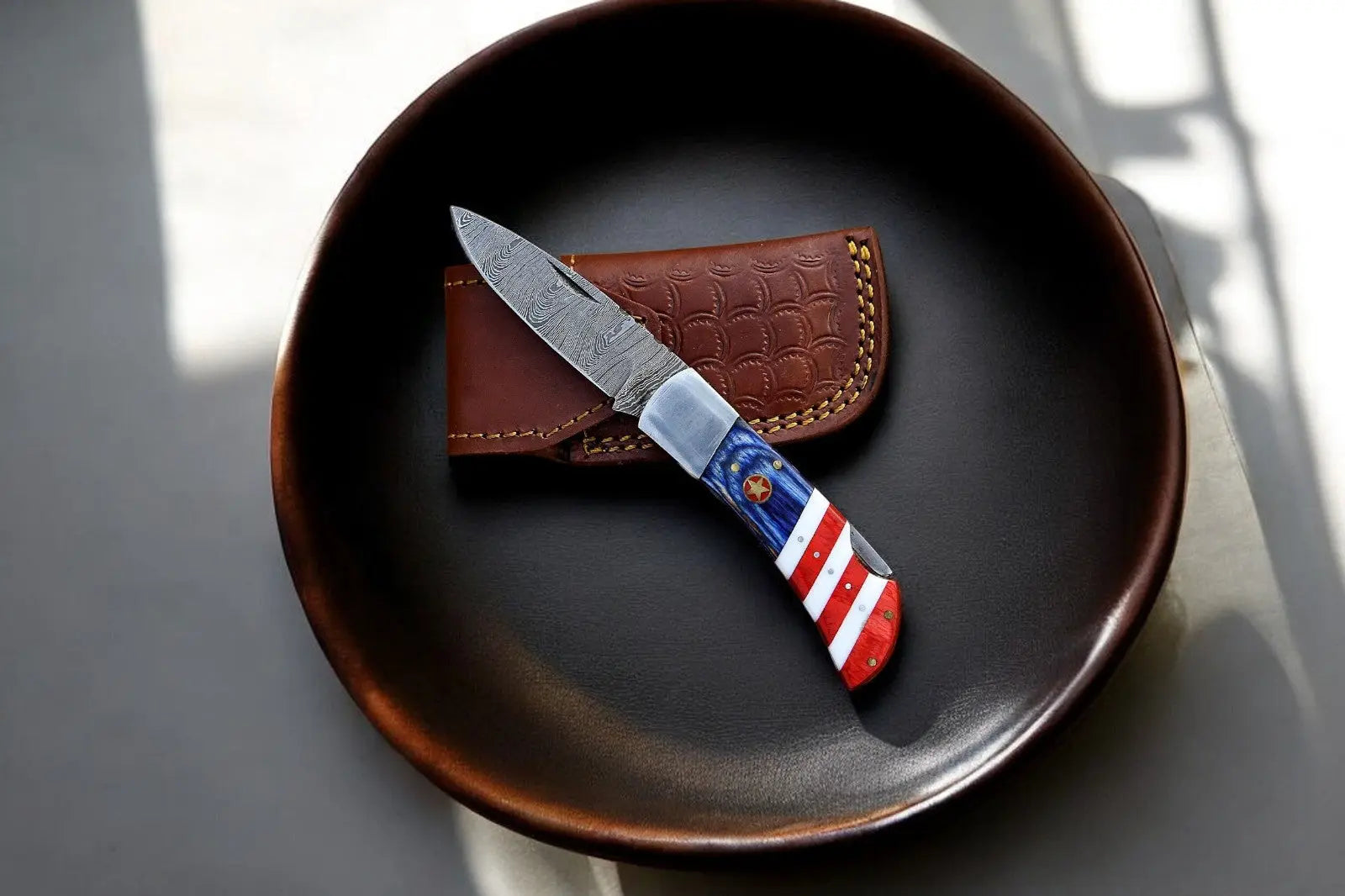 Handmade Damascus Folding Knife with Exotic Pakka Wood Damascus Knife Store