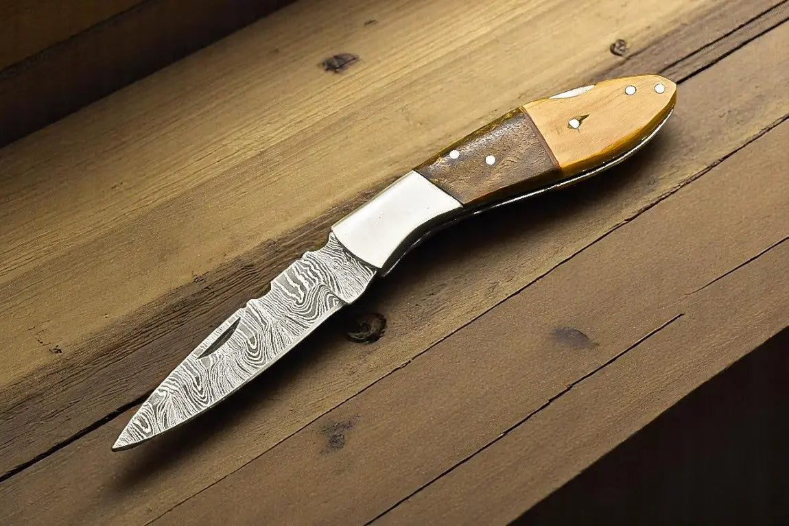 Handmade Damascus Folding Knife with Walnut Handle Damascus Knife Store