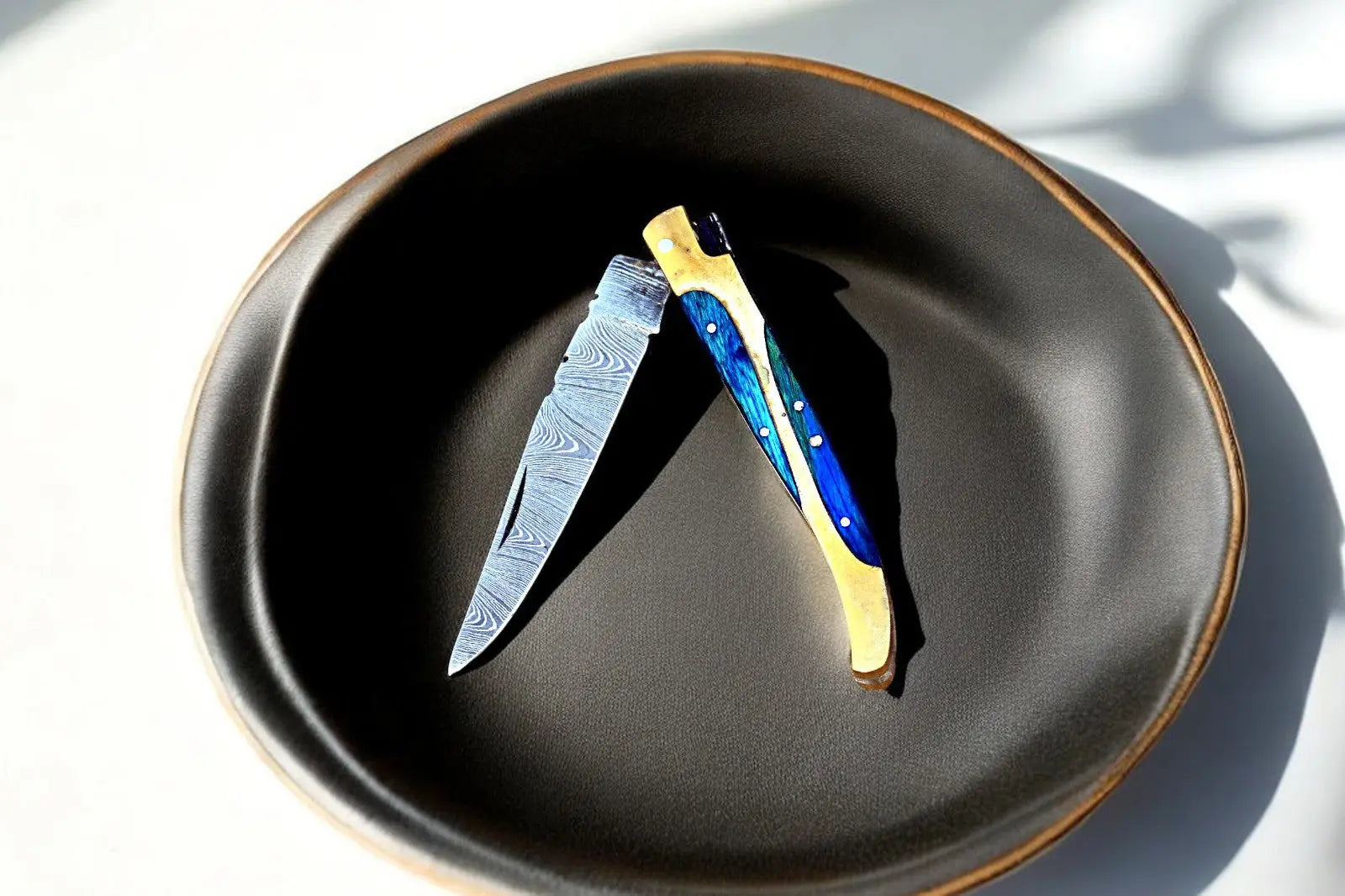 Handmade Damascus Folding Knife with Wood & Brass Handle Damascus Knife Store