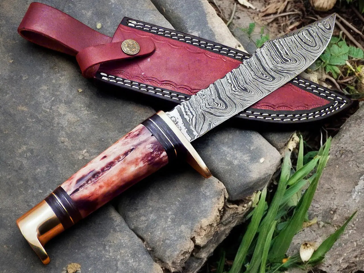 Handmade Damascus Hunting Knife – 12" with Bone Handle by Damascus Knife Store, Damascus knife main product photo