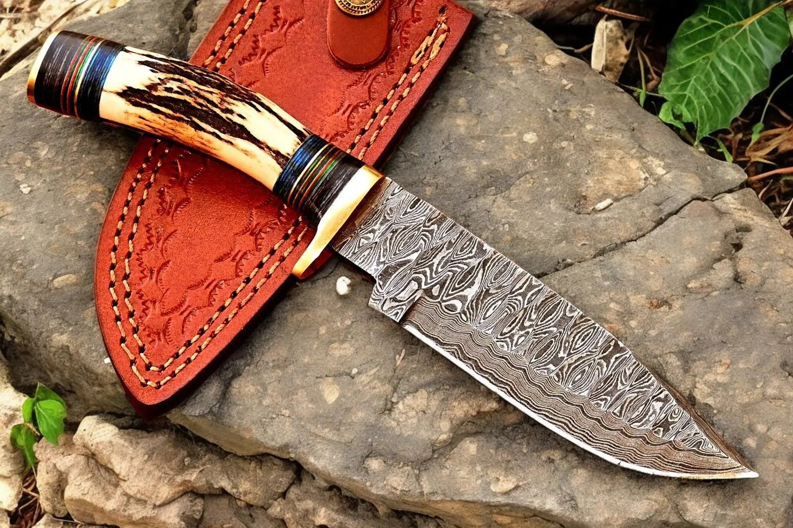Handmade Damascus Hunting Knife – Antler & Wood Handle by Damascus Knife Store, Damascus knife main product photo