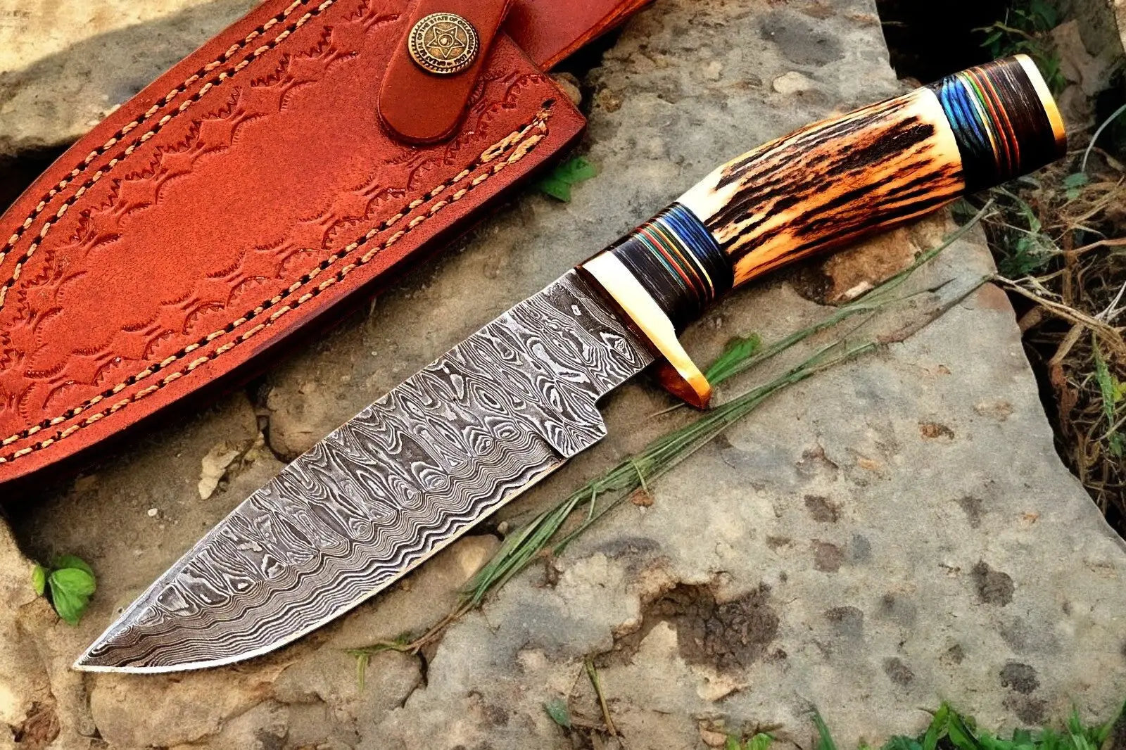 Handmade Damascus Hunting Knife – Antler & Wood Handle by Damascus Knife Store, Damascus knife detail photo 2