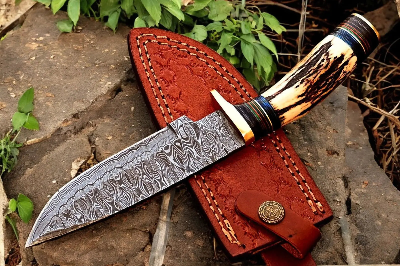 Handmade Damascus Hunting Knife – Antler & Wood Handle by Damascus Knife Store, Damascus knife detail photo 3