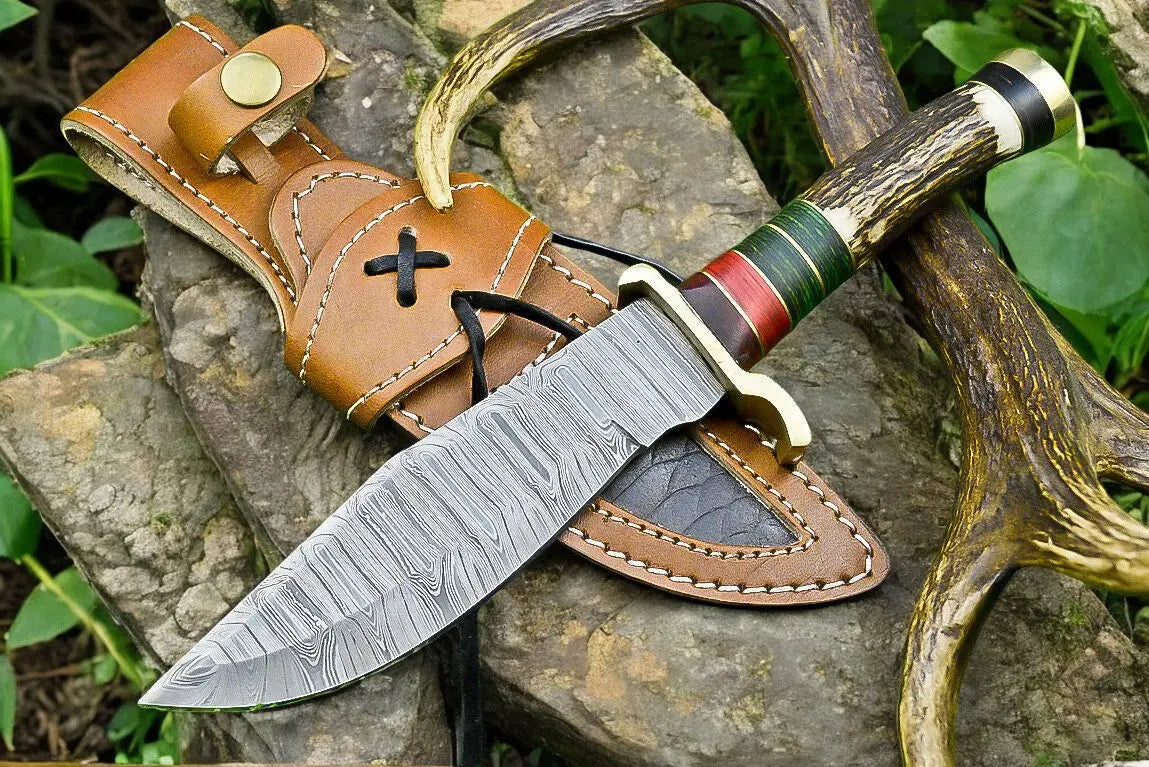 Handmade Damascus Hunting Knife – Antler & Wood Handle by Damascus Knife Store, Damascus knife main product photo