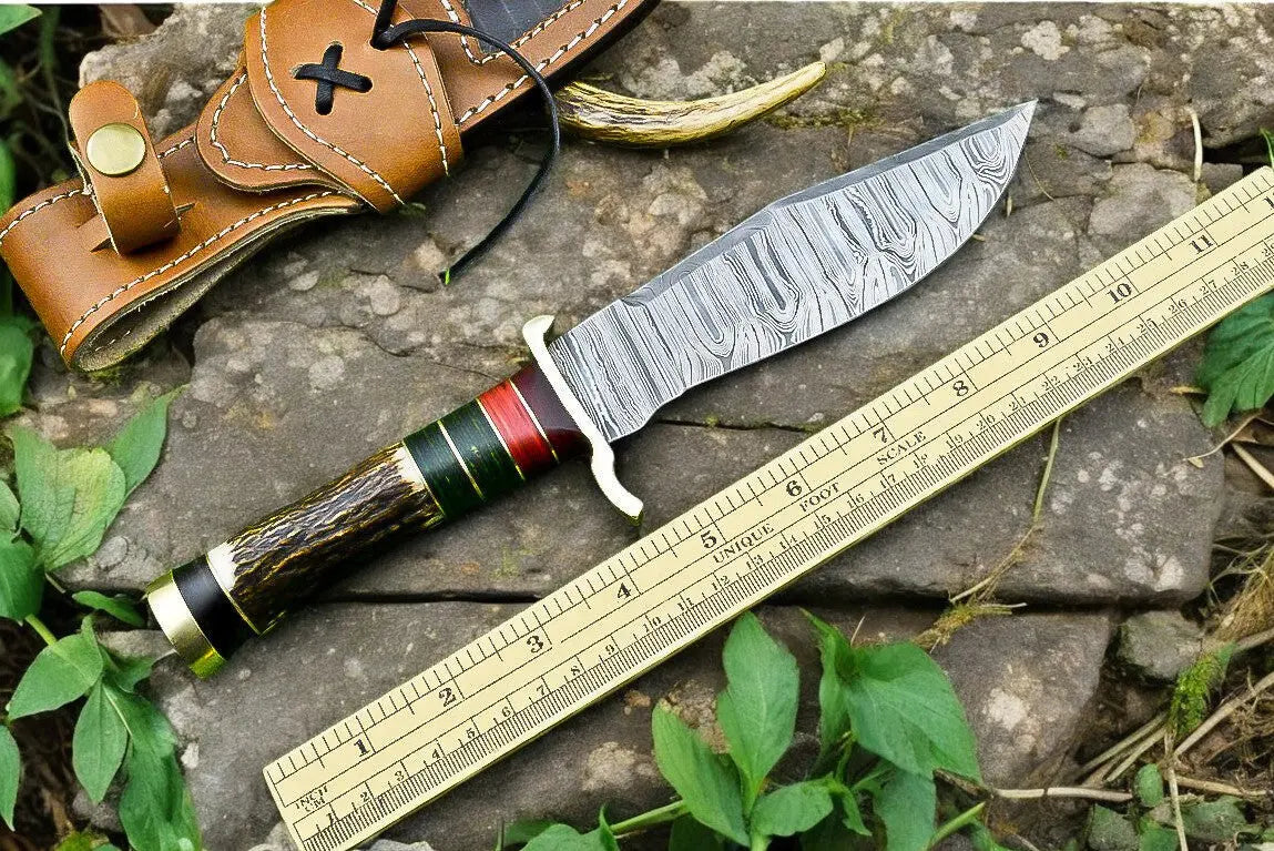 Handmade Damascus Hunting Knife – Antler & Wood Handle by Damascus Knife Store, Damascus knife detail photo 2