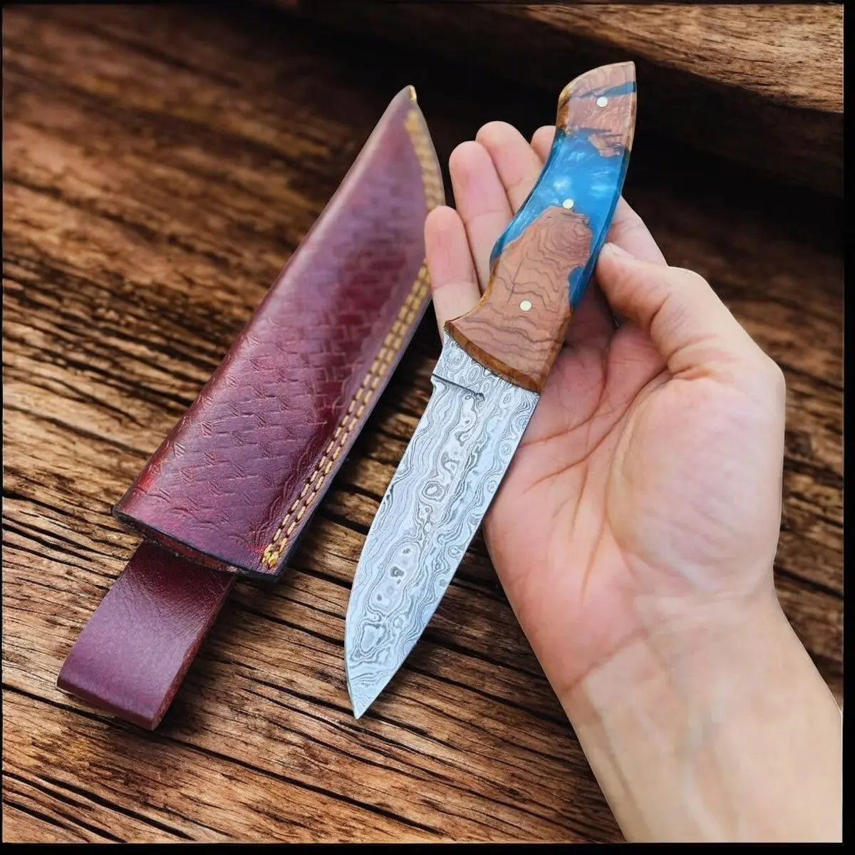 Handmade Damascus Hunting Knife – Rosewood & Epoxy Resin by Damascus Knife Store, Damascus knife main product photo