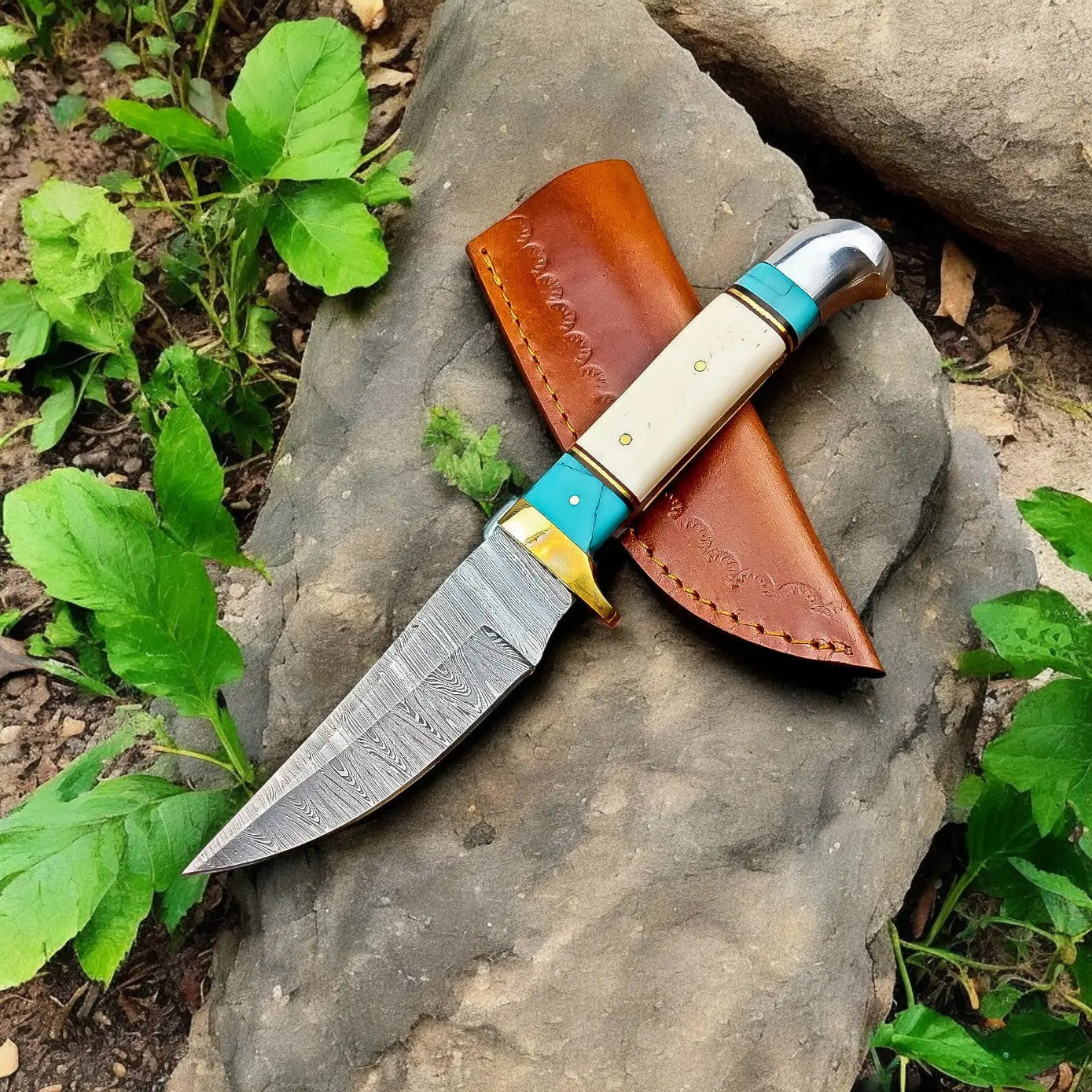 Handmade Damascus Hunting Knife – Turquoise & Bone Handle by Damascus Knife Store, Damascus knife main product photo