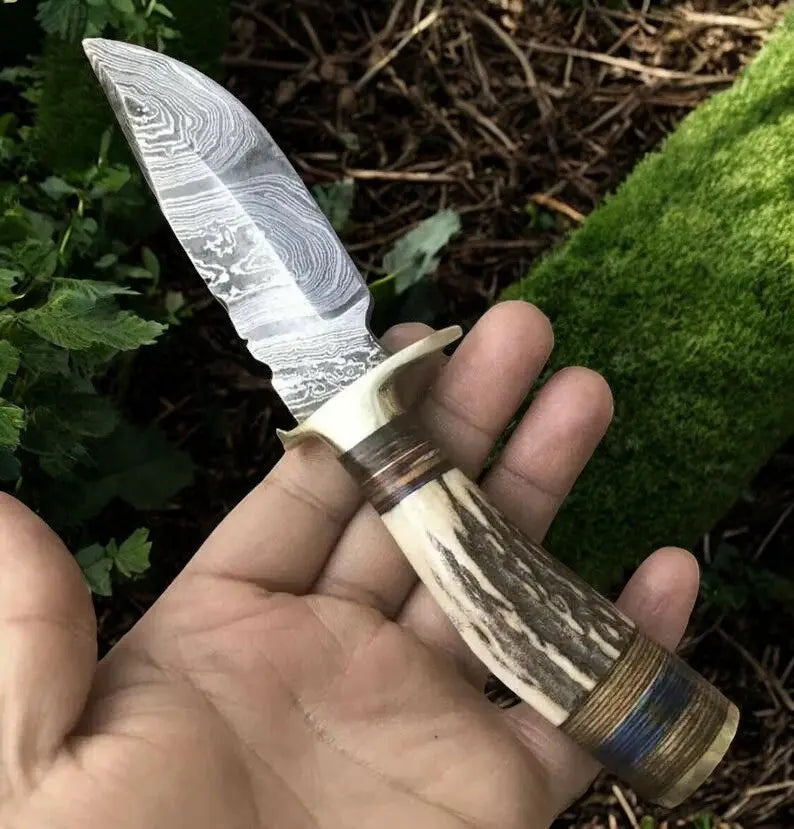 Handmade Damascus Hunting Knife with Antler Bone Handle by Damascus Knife Store, Damascus knife main product photo