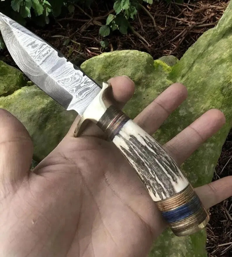 Handmade Damascus Hunting Knife with Antler Bone Handle by Damascus Knife Store, Damascus knife detail photo 2